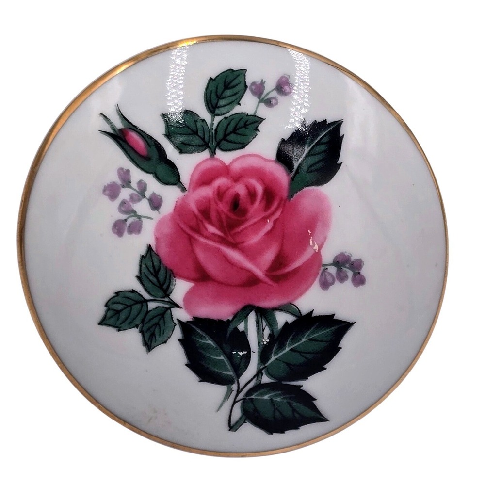 Royal‎ Bavaria Germany Porcelain Trinket Box Pink Rose Floral Gold Rim Round